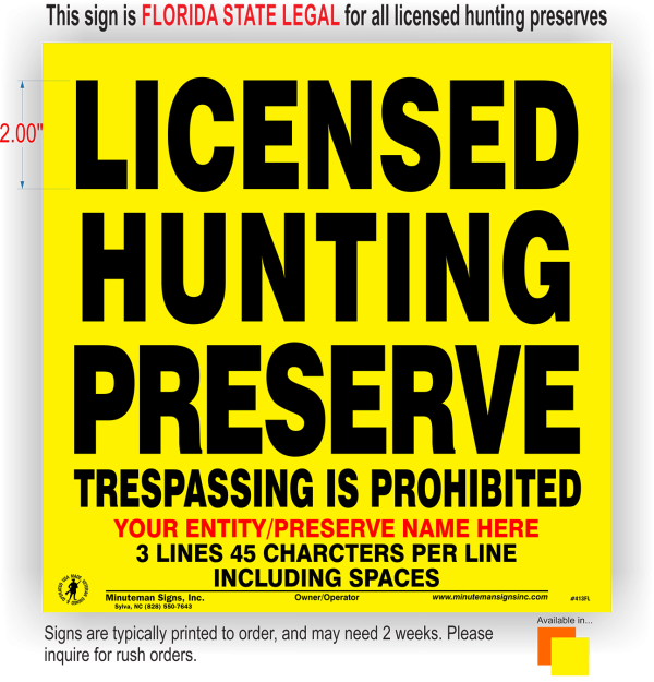 Licensed Hunting Preserve Sign POLY Florida FWC and Others