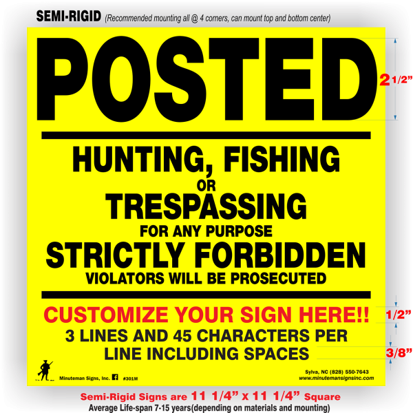 Posted Hunting, Fishing or Trespassing Yellow ALUMINUM sign - Image 2