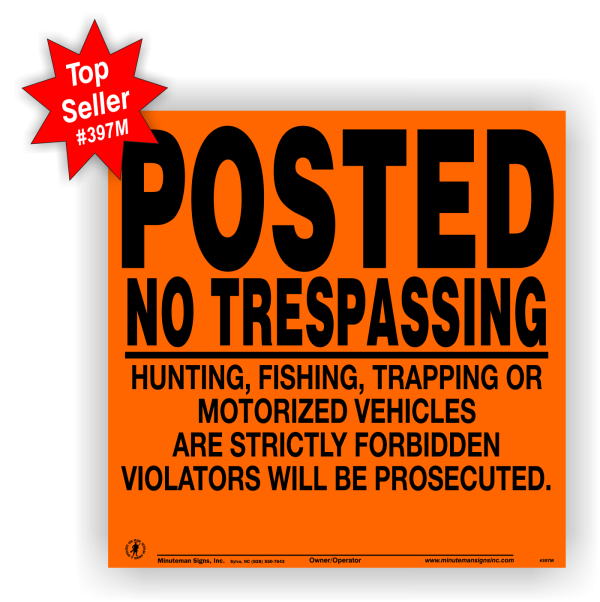 Posted No Trespassing Hunting Fishing Trapping Motorized Vehicles Sign ALUMINUM Sign