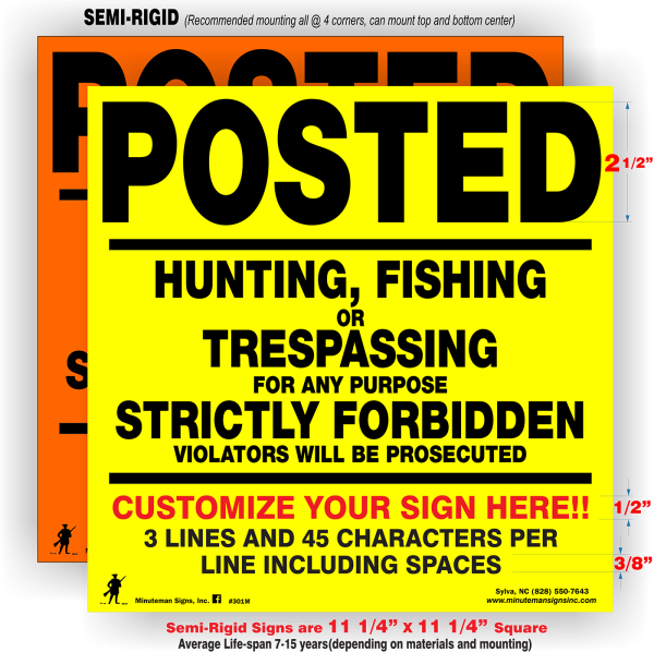 Minuteman Original Posted Hunting, Fishing or Trespassing Yellow/ Orange POLY Sign - Image 2